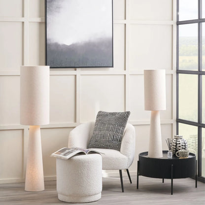Tall White Slubby Handloom Fabric Floor Lamp with Tapered Column Base & Textured High Drum Shade 129x30x30cm | Click Style
