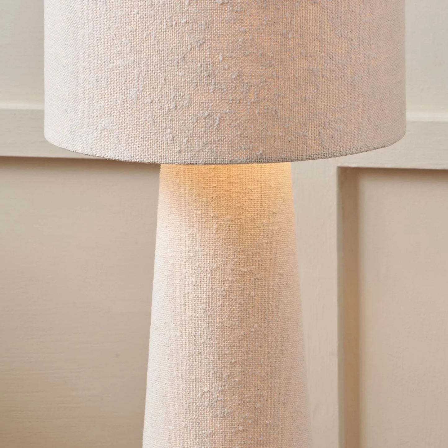 Tall White Slubby Handloom Fabric Floor Lamp with Tapered Column Base & Textured High Drum Shade 129x30x30cm | Click Style