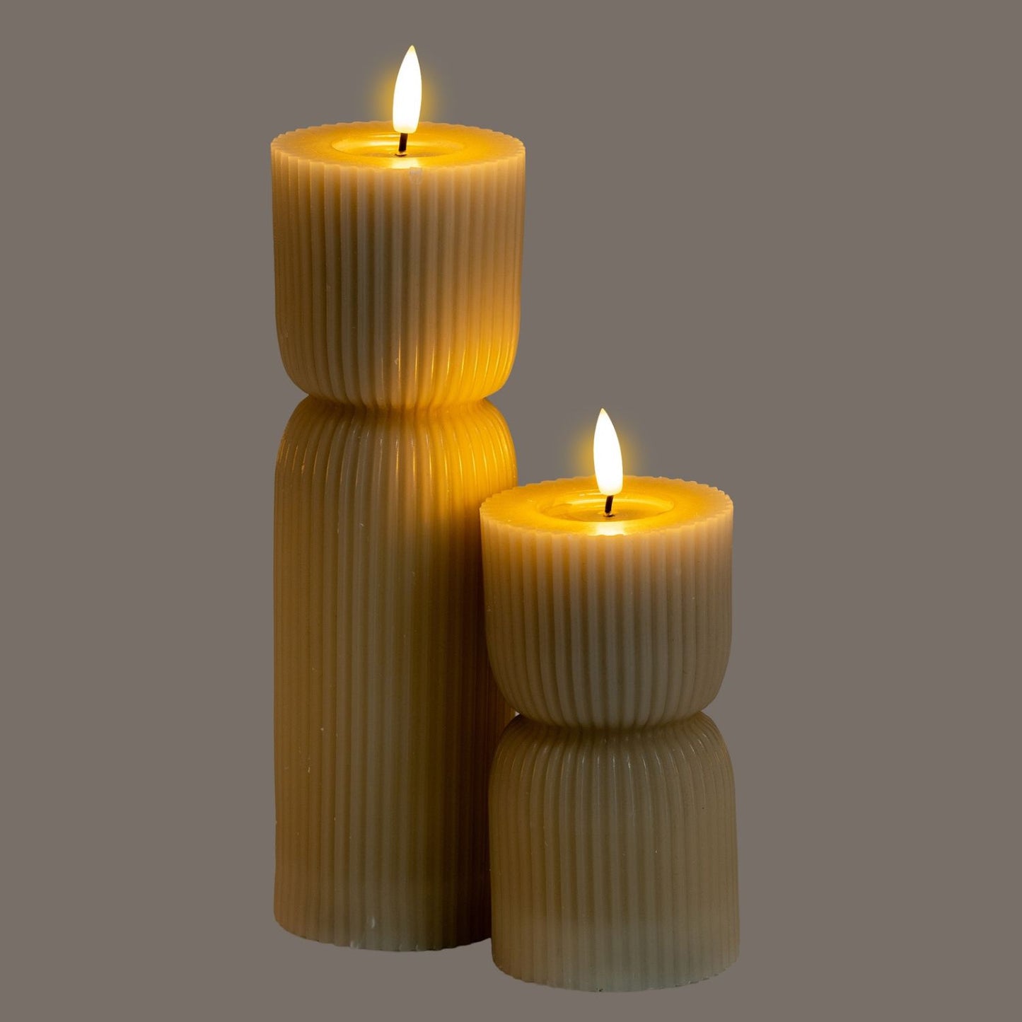 Tall Neutral Stone-Beige Sculpted Ribbed Wax LED Flameless Pillar Candle With Flickering Flame – Battery Operated Decorative Light 24x7x7cm | Click Style