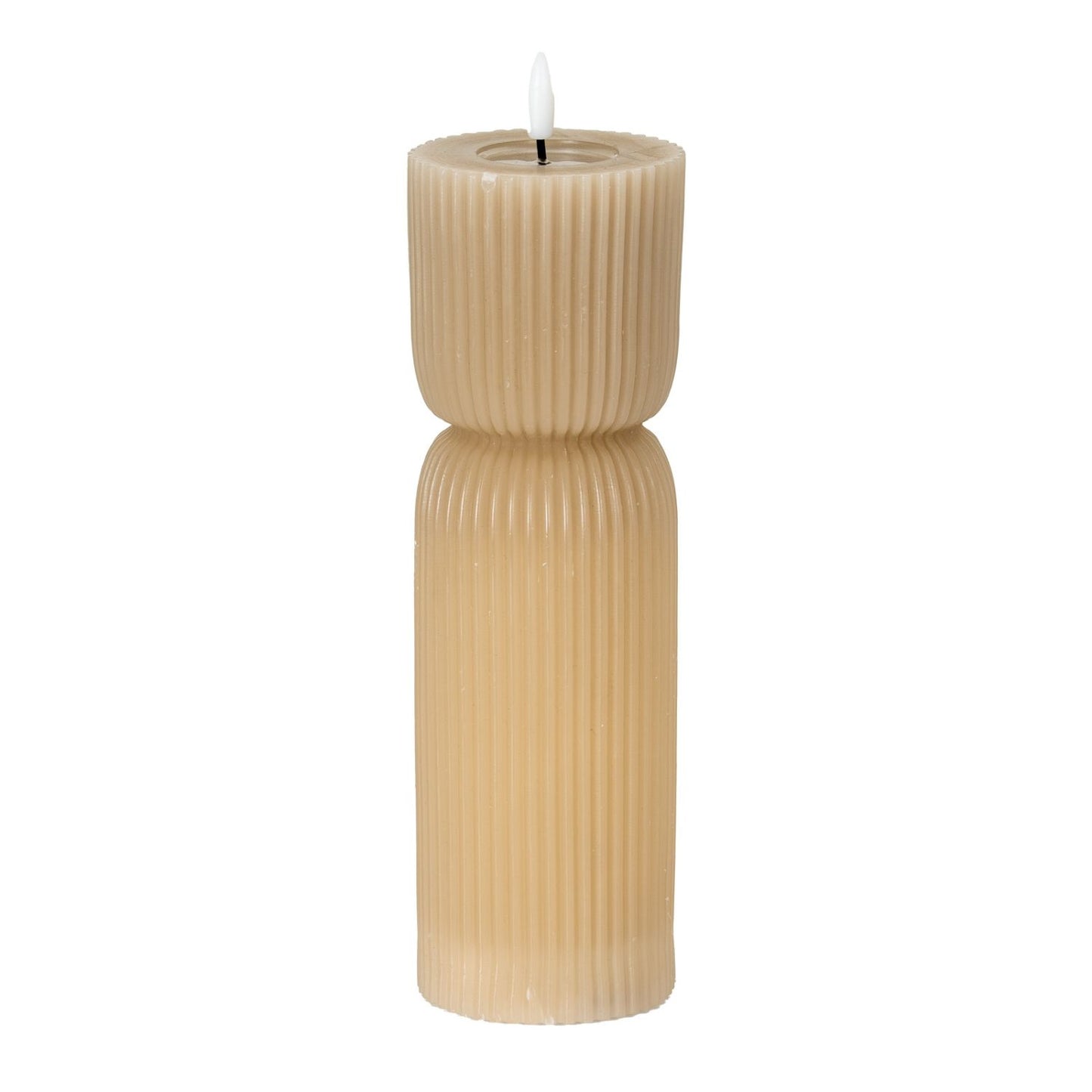 Tall Neutral Stone-Beige Sculpted Ribbed Wax LED Flameless Pillar Candle With Flickering Flame – Battery Operated Decorative Light 24x7x7cm | Click Style