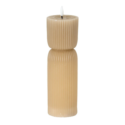Tall Neutral Stone-Beige Sculpted Ribbed Wax LED Flameless Pillar Candle With Flickering Flame – Battery Operated Decorative Light 24x7x7cm | Click Style