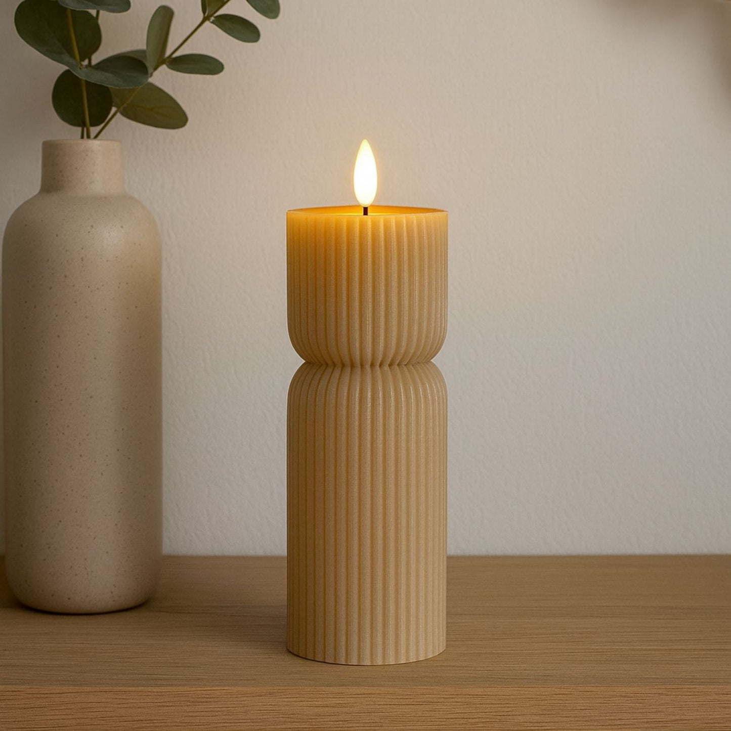 Tall Neutral Stone-Beige Sculpted Ribbed Wax LED Flameless Pillar Candle With Flickering Flame – Battery Operated Decorative Light 24x7x7cm | Click Style