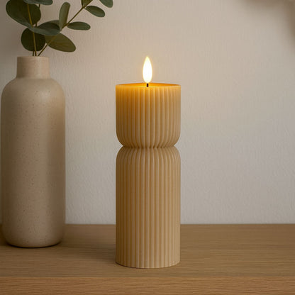 Tall Neutral Stone-Beige Sculpted Ribbed Wax LED Flameless Pillar Candle With Flickering Flame – Battery Operated Decorative Light 24x7x7cm | Click Style