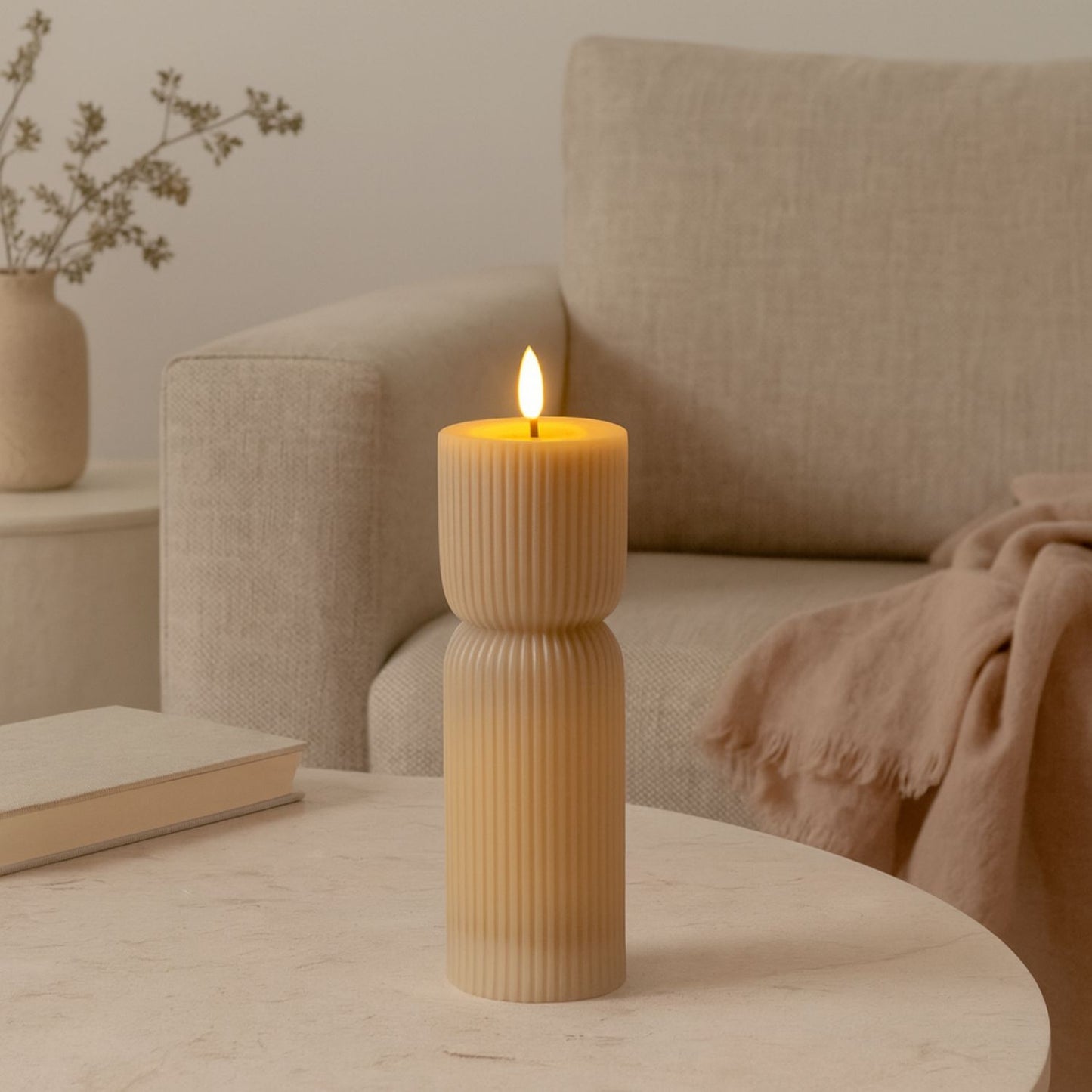 Tall Neutral Stone-Beige Sculpted Ribbed Wax LED Flameless Pillar Candle With Flickering Flame – Battery Operated Decorative Light 24x7x7cm | Click Style