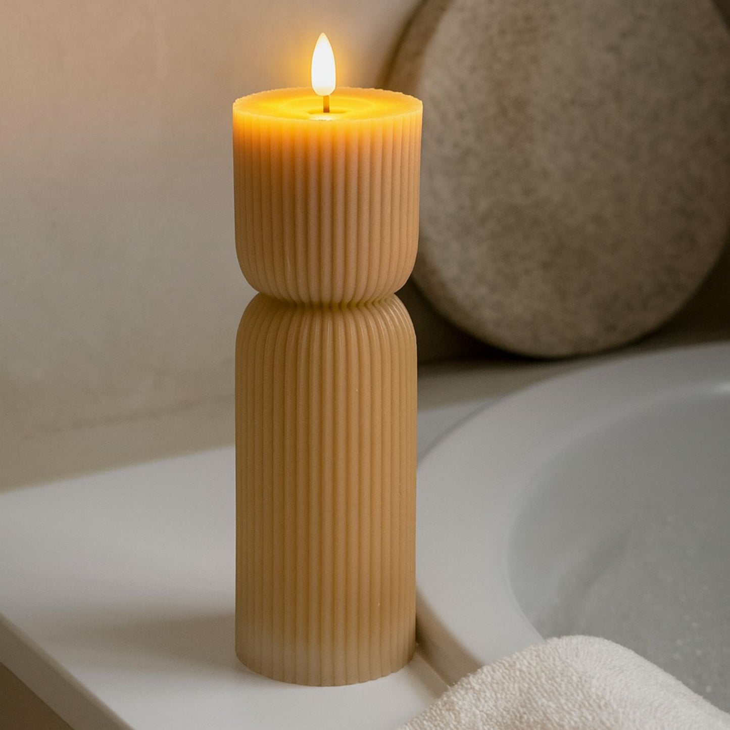 Tall Neutral Stone-Beige Sculpted Ribbed Wax LED Flameless Pillar Candle With Flickering Flame – Battery Operated Decorative Light 24x7x7cm | Click Style