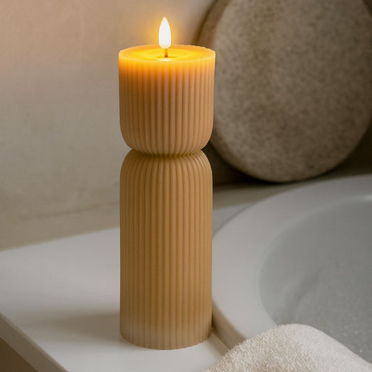 Tall Neutral Stone-Beige Sculpted Ribbed Wax LED Flameless Pillar Candle With Flickering Flame – Battery Operated Decorative Light 24x7x7cm | Click Style
