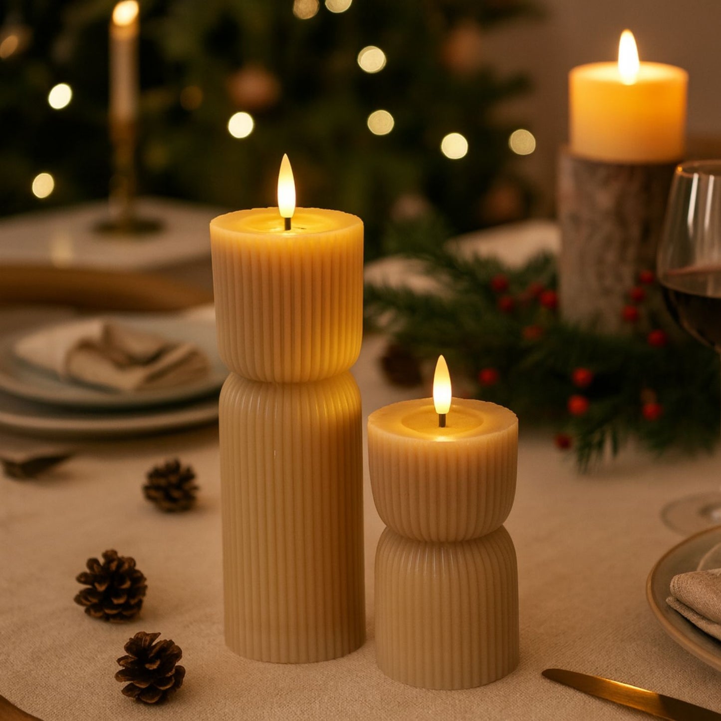 Tall Neutral Stone-Beige Sculpted Ribbed Wax LED Flameless Pillar Candle With Flickering Flame – Battery Operated Decorative Light 24x7x7cm | Click Style