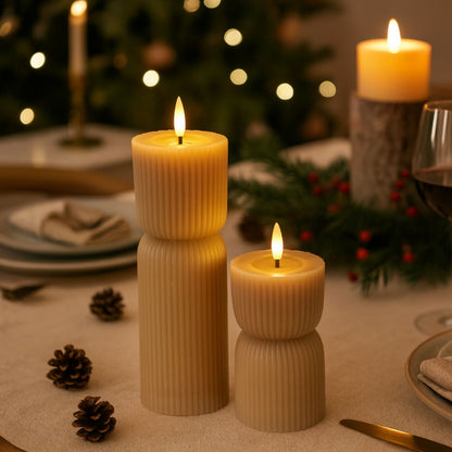 Tall Neutral Stone-Beige Sculpted Ribbed Wax LED Flameless Pillar Candle With Flickering Flame – Battery Operated Decorative Light 24x7x7cm | Click Style