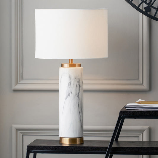 Tall White & Gold Marble Effect Ceramic Table Lamp with White Linen Drum Lampshade – Modern Lighting for Home Decor 55x30cm - Click Style