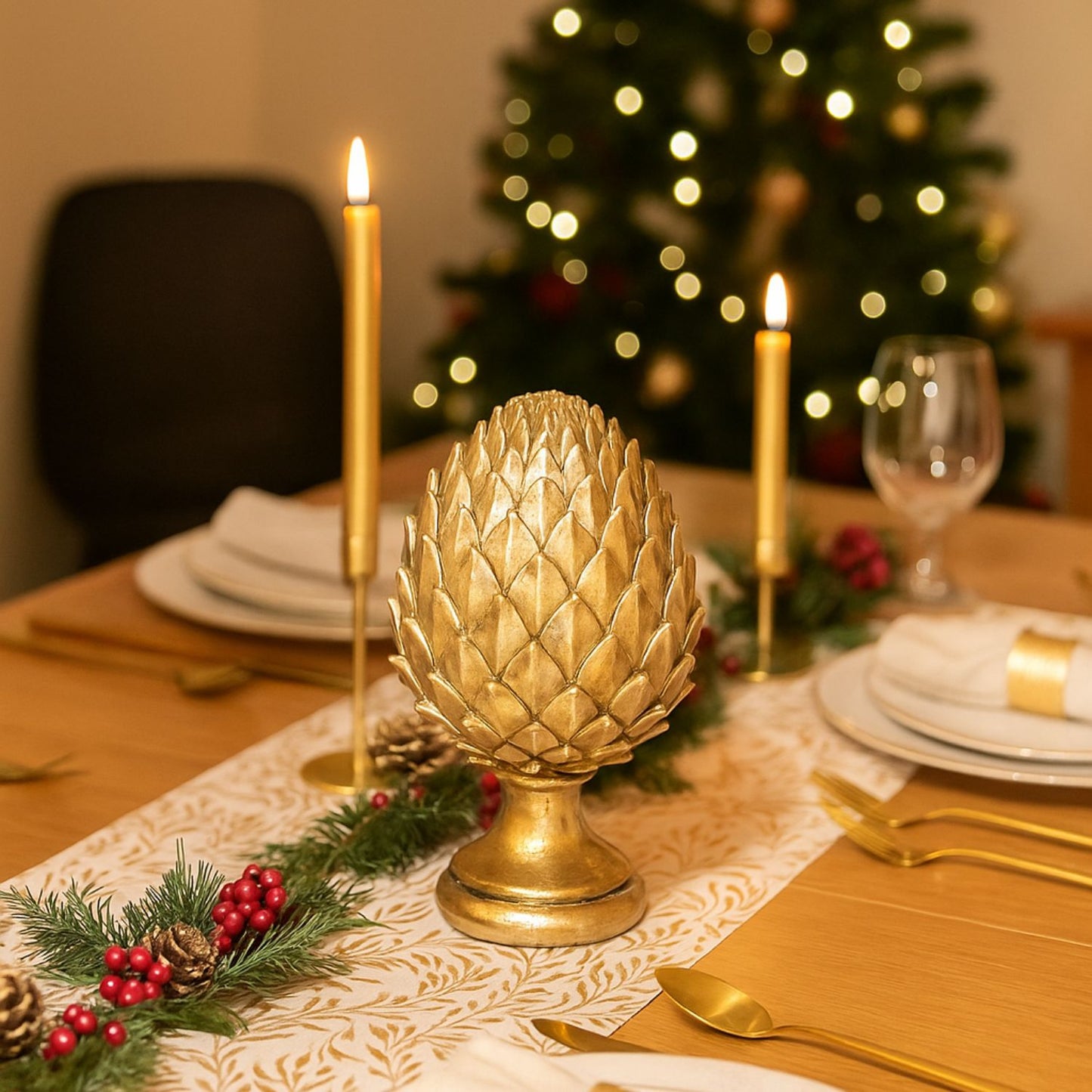 Tall Gold Ceramic Pinecone Ornament on Pedestal Stand with Metallic Finish – Decorative Centrepiece for Home Decor 30x19cm | Click Style