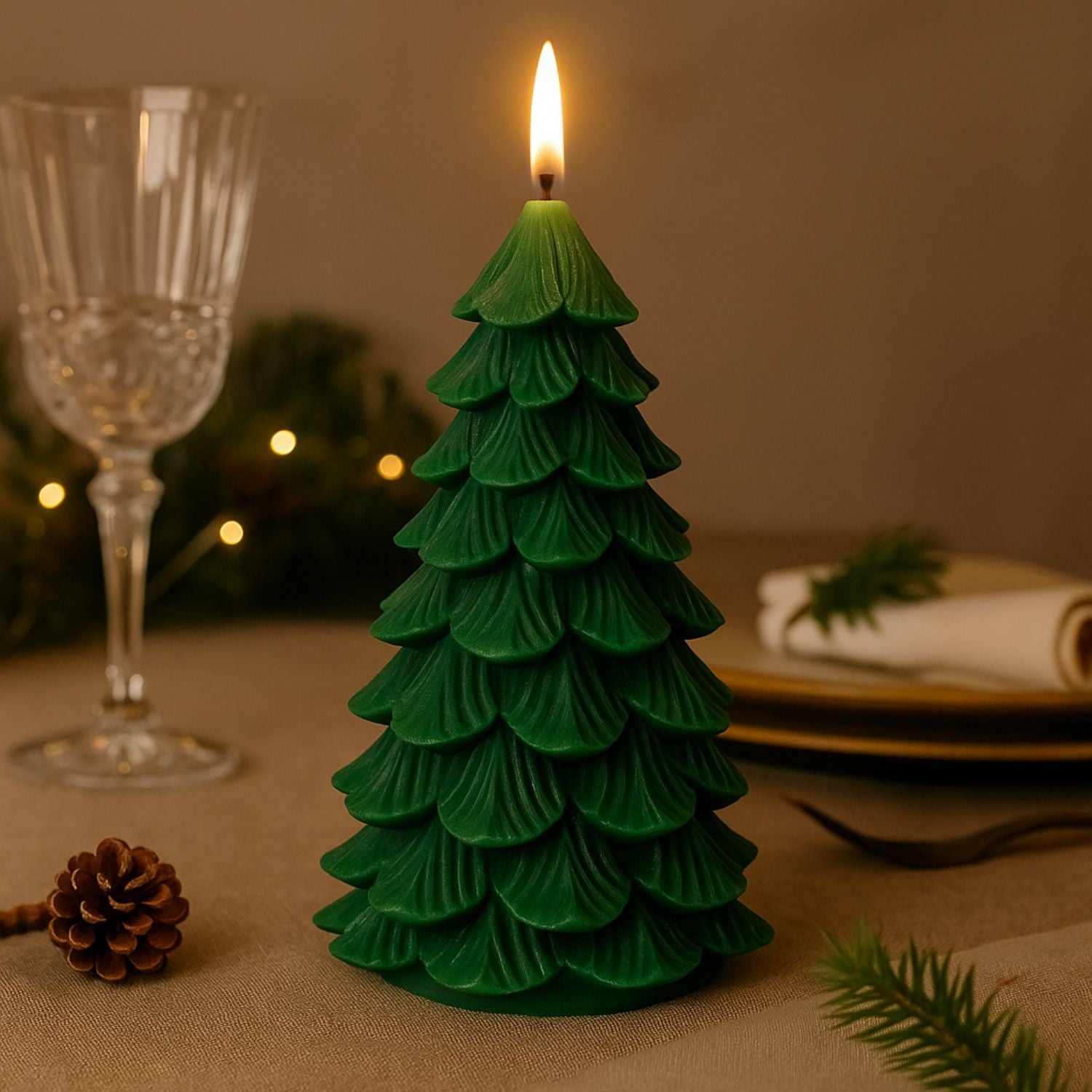 Tall Layered Forest Green Real Wax LED Christmas Tree Candle With Realistic Flickering Flame Festive Battery Operated Decorative Light 22x11x11cm | Click Style