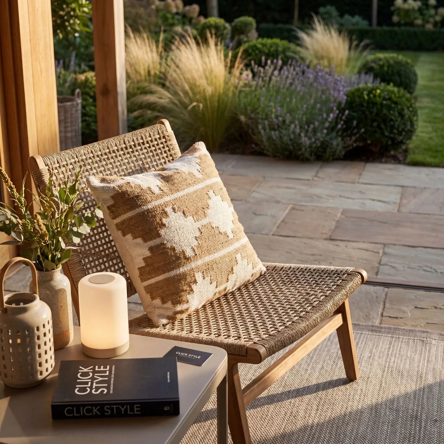 Taupe & White Square Indoor Outdoor Cushion with Aztec Pattern – Recycled Weather-Resistant & Durable 45x45x10cm Made from Recycled PET Yarn for Gardens Patios Balconies Conservatories and Indoor Seating Areas | Click Style