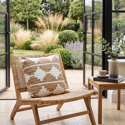 Taupe & White Square Indoor Outdoor Cushion with Aztec Pattern – Recycled Weather-Resistant & Durable 45x45x10cm Made from Recycled PET Yarn for Gardens Patios Balconies Conservatories and Indoor Seating Areas | Click Style