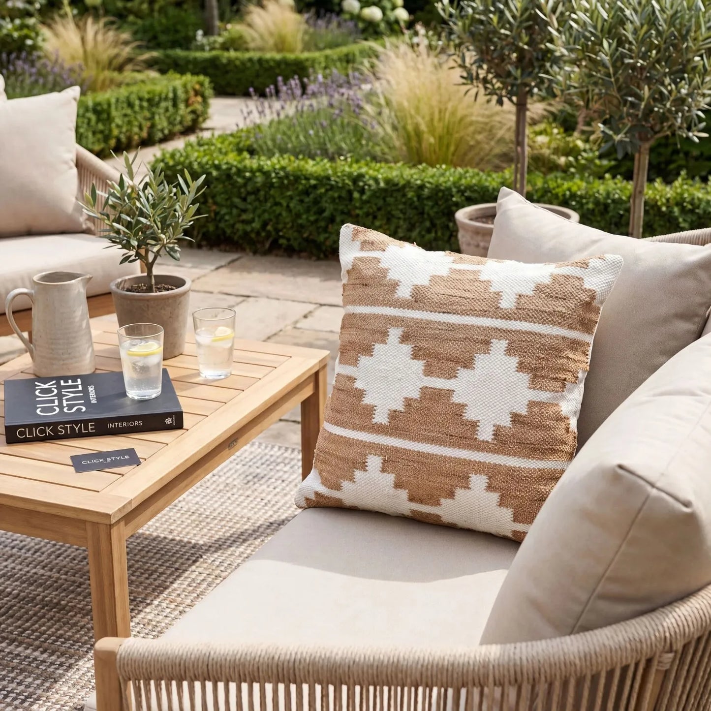 Taupe & White Square Indoor Outdoor Cushion with Aztec Pattern – Recycled Weather-Resistant & Durable 45x45x10cm Made from Recycled PET Yarn for Gardens Patios Balconies Conservatories and Indoor Seating Areas | Click Style