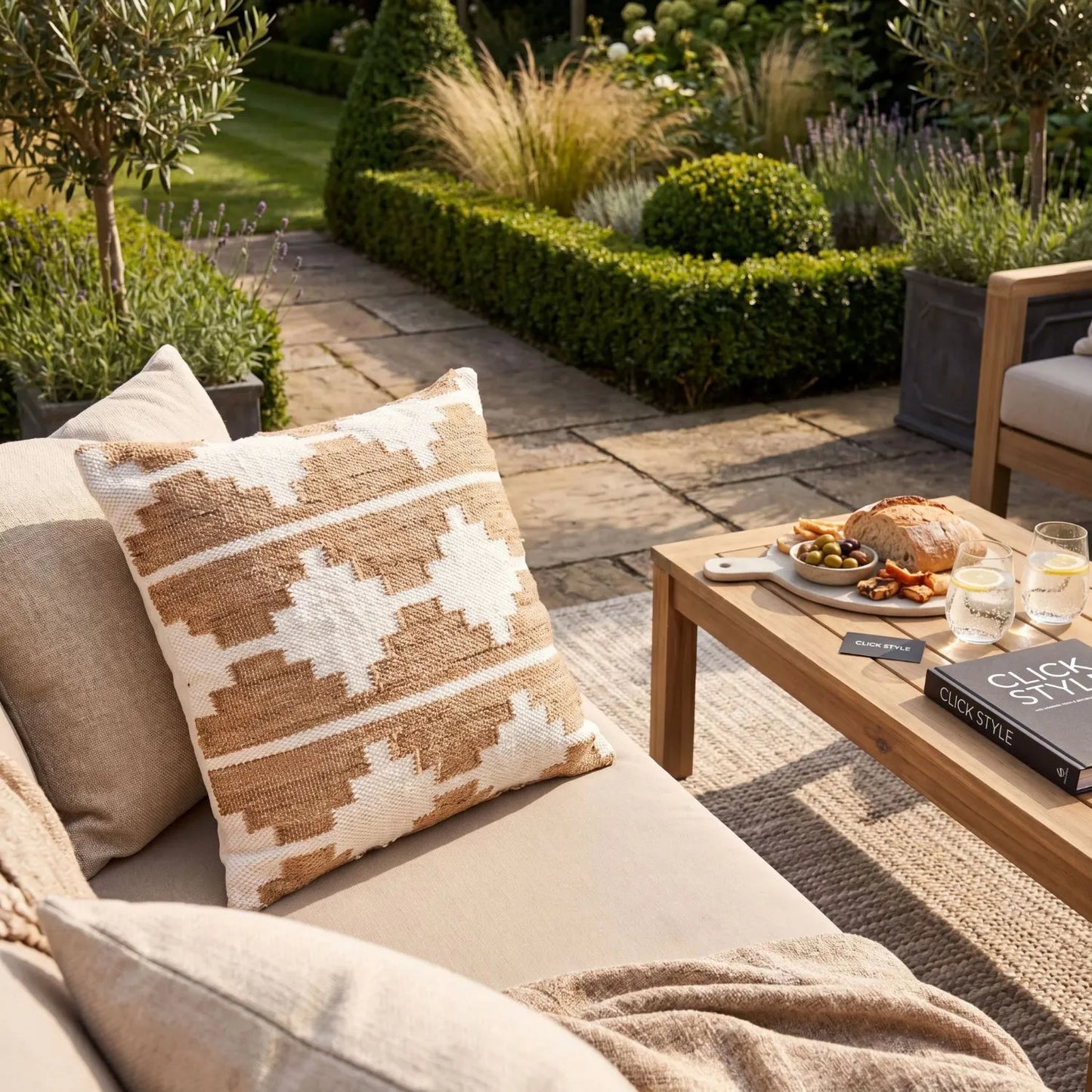 Taupe & White Square Indoor Outdoor Cushion with Aztec Pattern – Recycled Weather-Resistant & Durable 45x45x10cm Made from Recycled PET Yarn for Gardens Patios Balconies Conservatories and Indoor Seating Areas | Click Style
