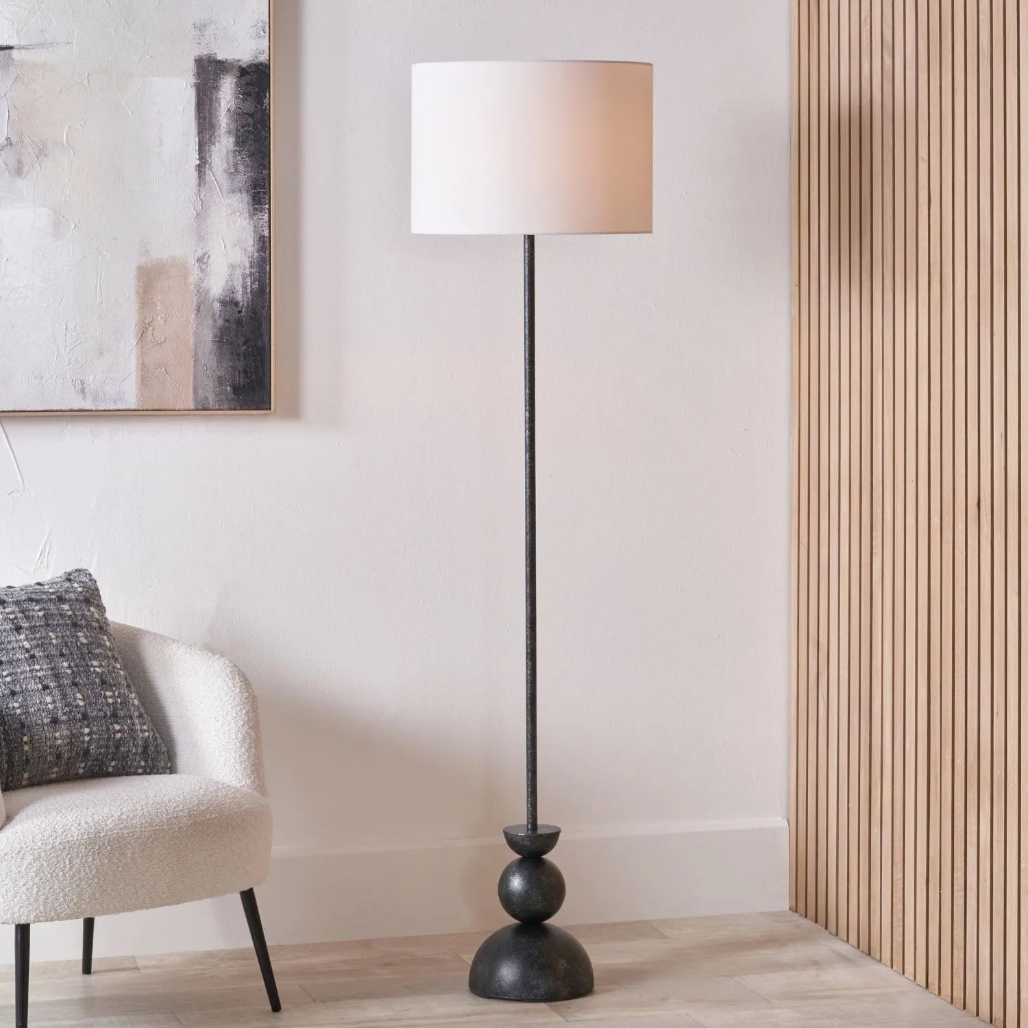 Textured Graphite Grey Metal Ball Floor Lamp with White Linen Drum Shade – Sculptural Stacked Dome & Sphere Design 160x40x40cm | Click Style