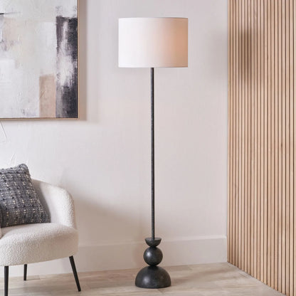 Textured Graphite Grey Metal Ball Floor Lamp with White Linen Drum Shade – Sculptural Stacked Dome & Sphere Design 160x40x40cm | Click Style