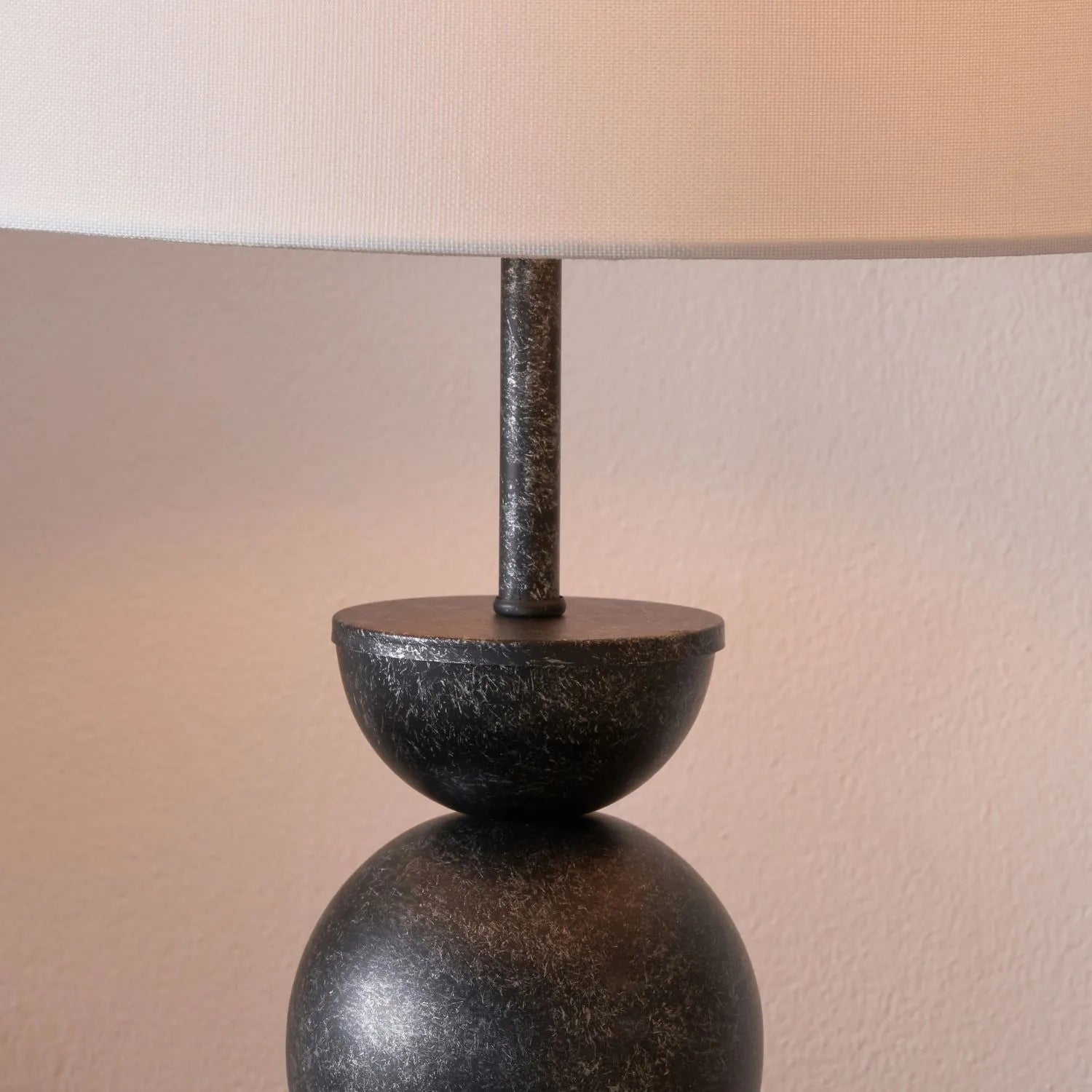 Textured Graphite Grey Metal Ball Table Lamp Base with White Linen Drum Shade – Sculptural Stacked Dome & Sphere Design 49x30x30cm | Click Style