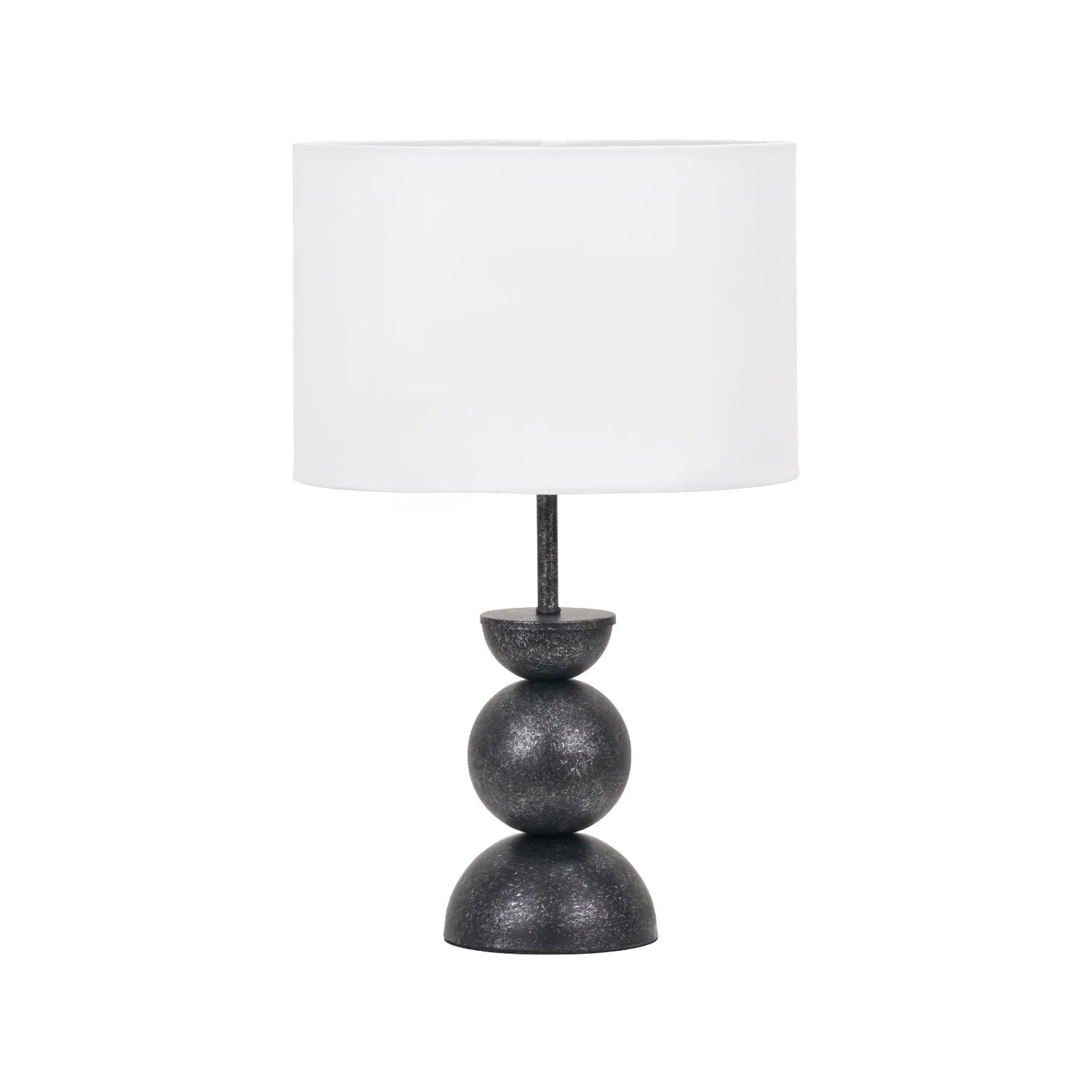 Textured Graphite Grey Metal Ball Table Lamp Base with White Linen Drum Shade – Sculptural Stacked Dome & Sphere Design 49x30x30cm | Click Style