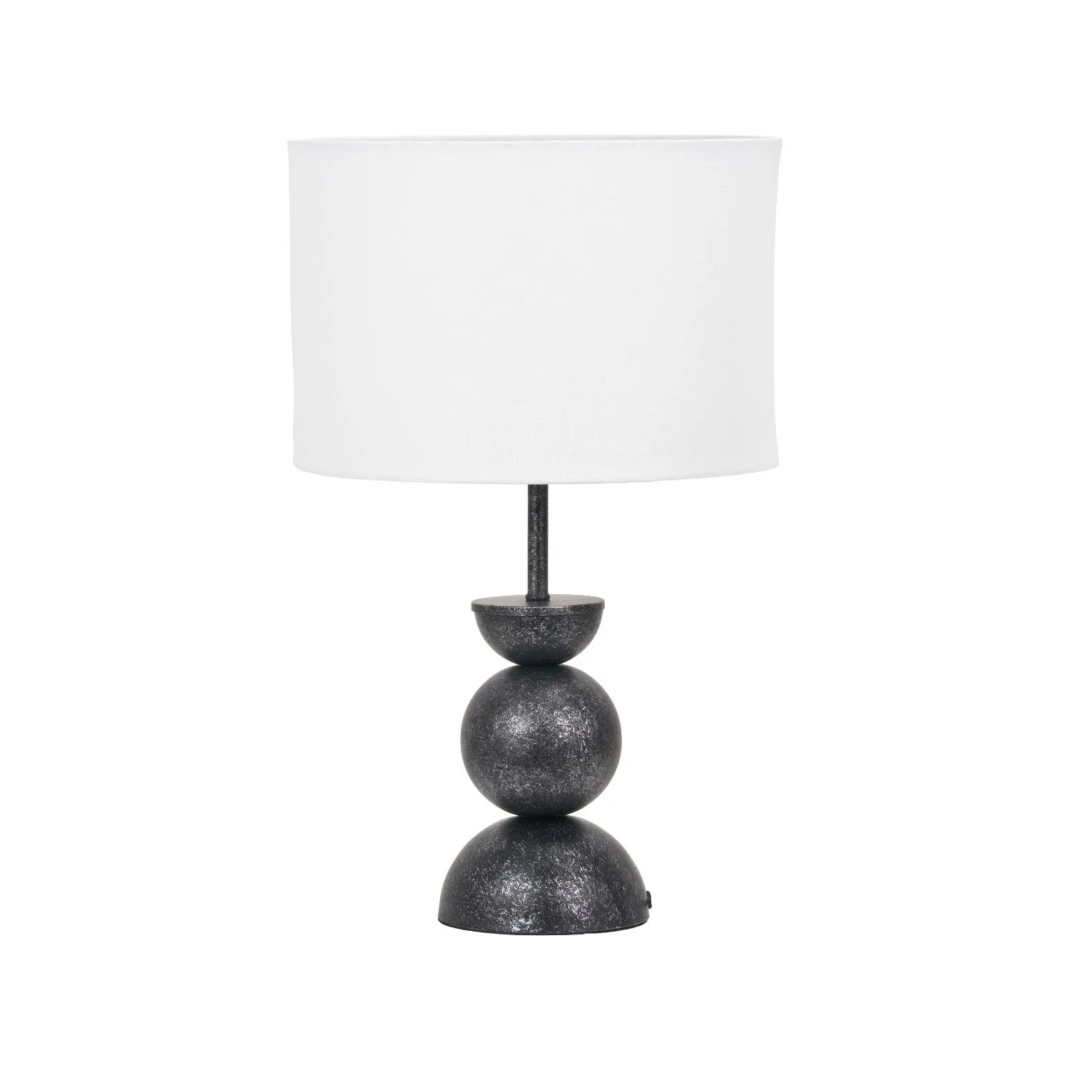 Textured Graphite Grey Metal Ball Table Lamp Base with White Linen Drum Shade – Sculptural Stacked Dome & Sphere Design 49x30x30cm | Click Style