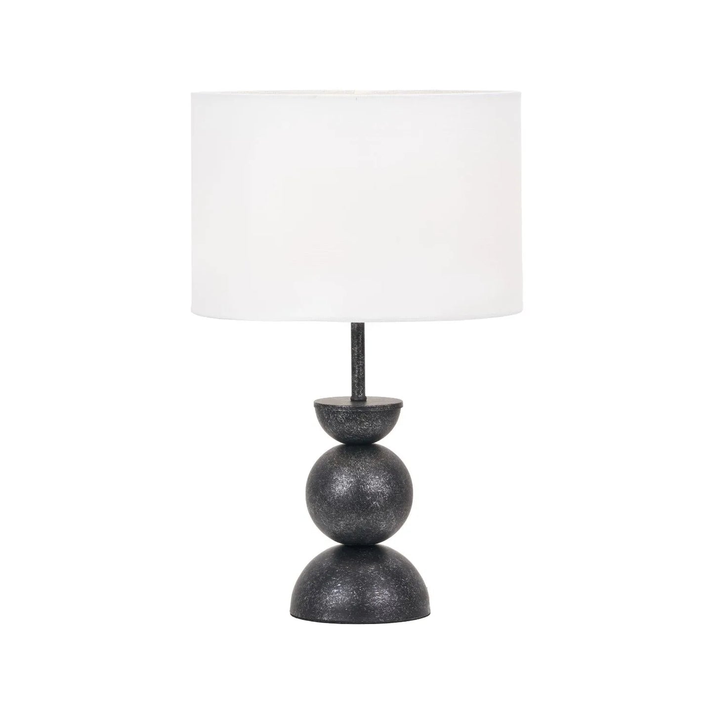Textured Graphite Grey Metal Ball Table Lamp Base with White Linen Drum Shade – Sculptural Stacked Dome & Sphere Design 49x30x30cm | Click Style