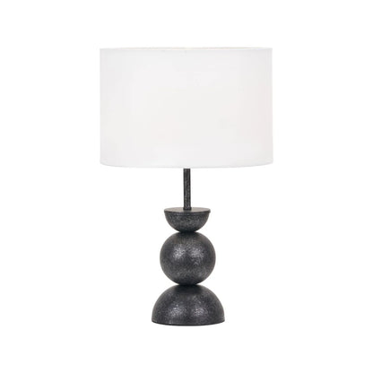 Textured Graphite Grey Metal Ball Table Lamp Base with White Linen Drum Shade – Sculptural Stacked Dome & Sphere Design 49x30x30cm | Click Style