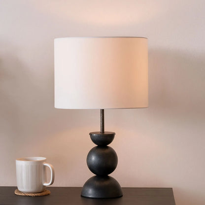 Textured Graphite Grey Metal Ball Table Lamp Base with White Linen Drum Shade – Sculptural Stacked Dome & Sphere Design 49x30x30cm | Click Style
