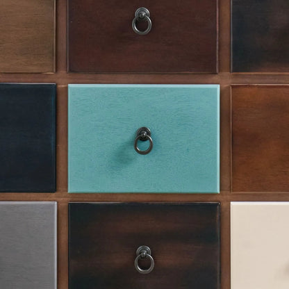 Turquoise blue and neutral distressed pine wood 12 drawer storage chest close-up focusing on blue drawer and black ring handles | Click Style