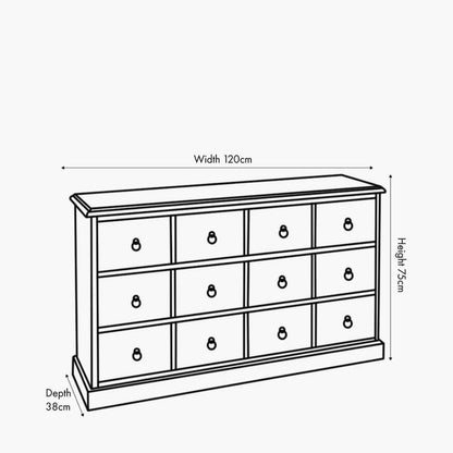 Turquoise blue and neutral distressed pine wood 12 drawer storage chest facing right with product dimensions 75x120x35cm | Click Style