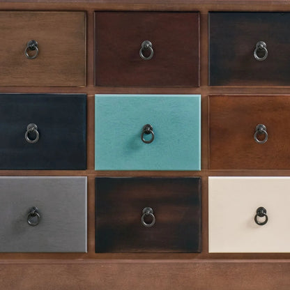 Turquoise blue and neutral distressed pine wood 12 drawer storage chest close-up showing nine drawers and black ring handles | Click Style