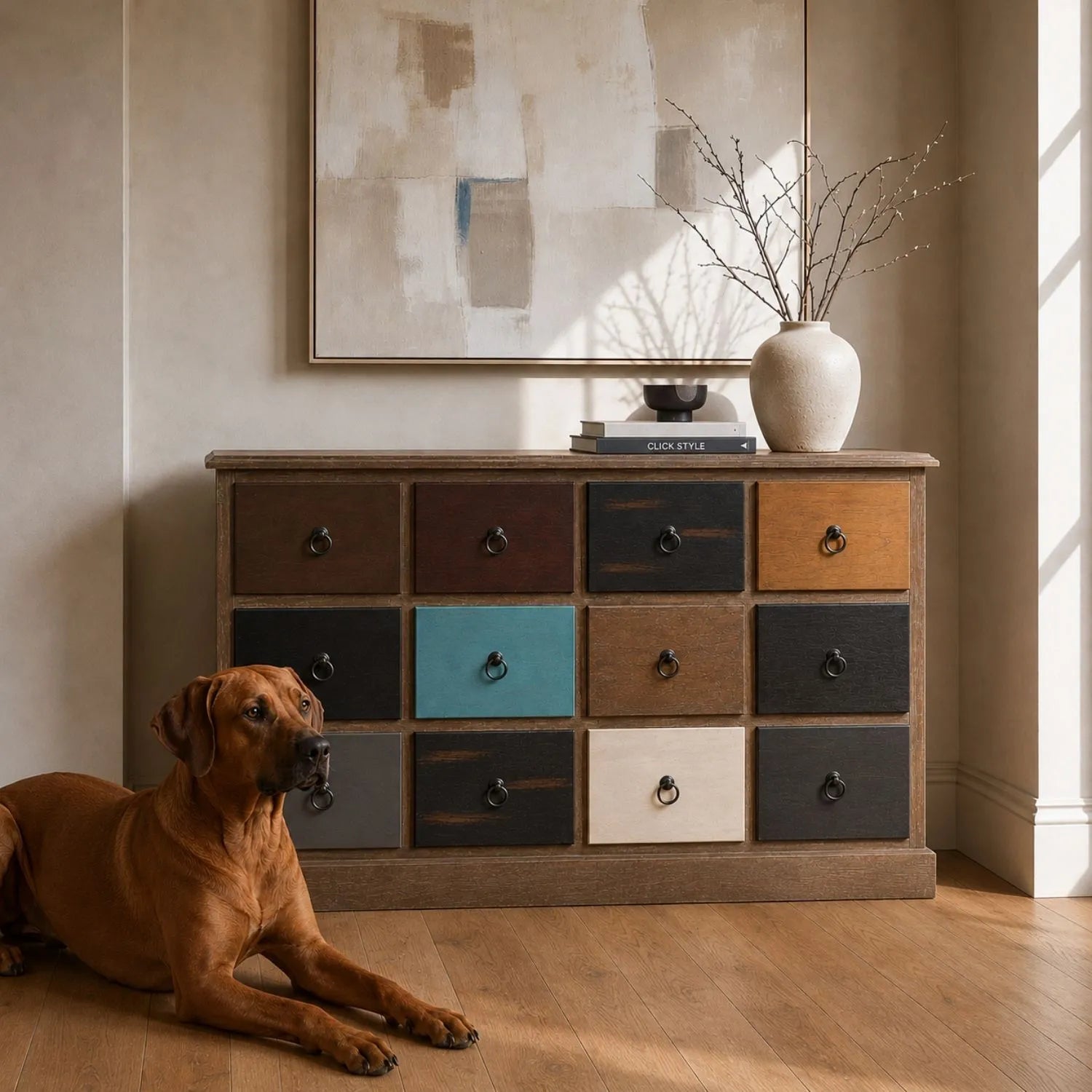 Turquoise Blue & Neutral Pine Wood 12 Drawer Storage Chest with Black Ring Handles styled with Rhodesian Ridgeback | Click Style