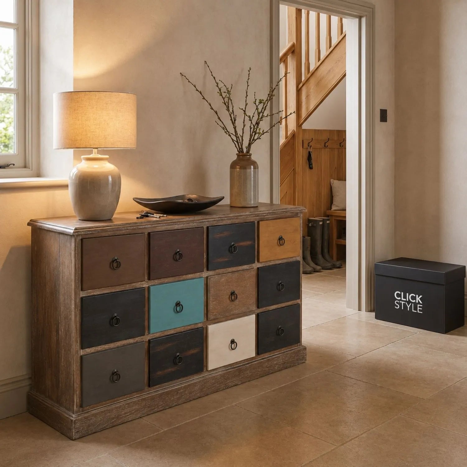 Turquoise Blue & Neutral Pine Wood 12 Drawer Storage Chest with Black Ring Handles in hallway with Click Style box | Click Style