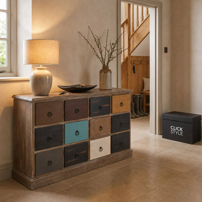 Turquoise Blue & Neutral Pine Wood 12 Drawer Storage Chest with Black Ring Handles in hallway with Click Style box | Click Style