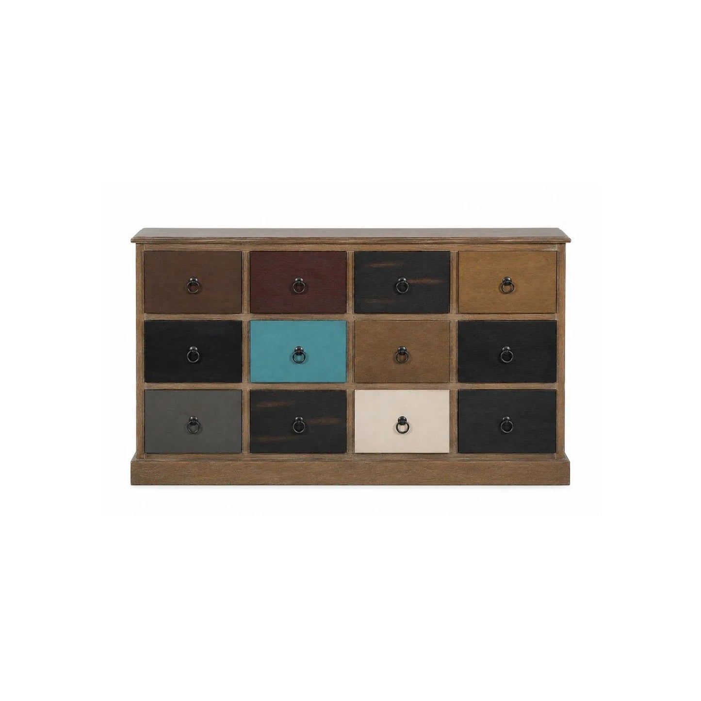 Turquoise Blue & Neutral Pine Wood 12 Drawer Storage Chest with Black Ring Handles front view | Click Style