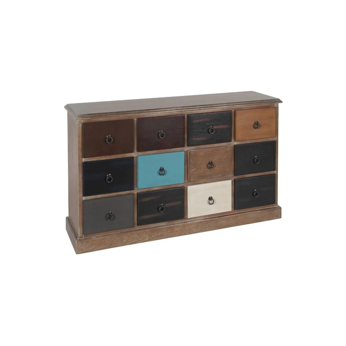 Turquoise blue and neutral distressed pine wood 12 drawer storage chest with black ring handles – front view angled right | Click Style