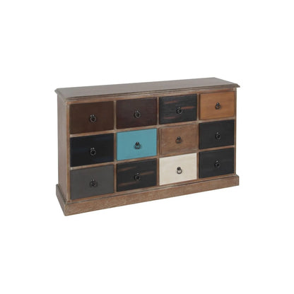 Turquoise blue and neutral distressed pine wood 12 drawer storage chest with black ring handles – front view angled right | Click Style