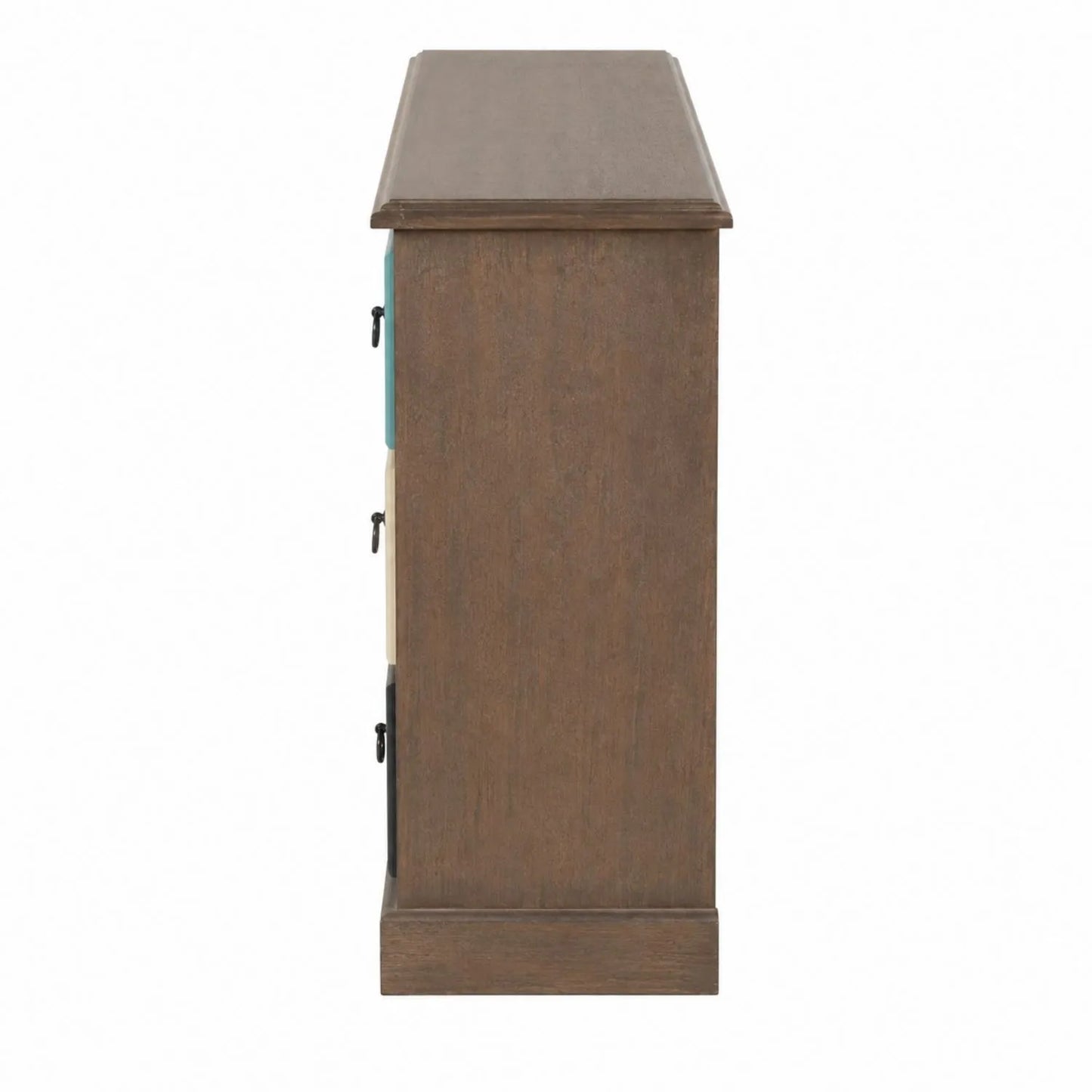 Turquoise blue and neutral distressed pine wood 12 drawer storage chest with black ring handles – side view | Click Style