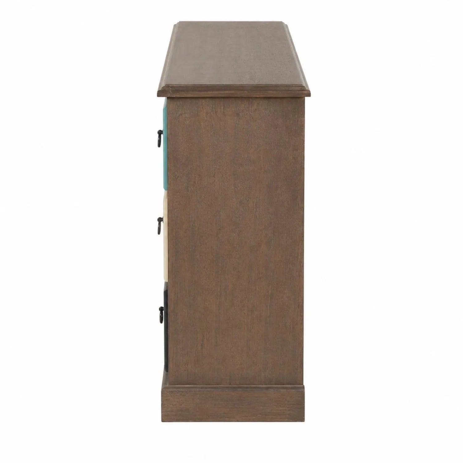 Turquoise blue and neutral distressed pine wood 12 drawer storage chest with black ring handles – side view | Click Style