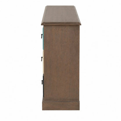 Turquoise blue and neutral distressed pine wood 12 drawer storage chest with black ring handles – side view | Click Style