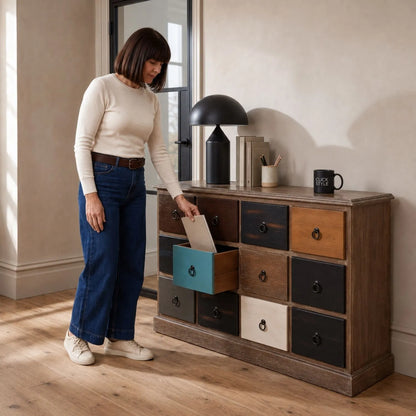Turquoise Blue & Neutral Pine Wood 12 Drawer Storage Chest with Black Ring Handles with open drawer in lifestyle setting | Click Style