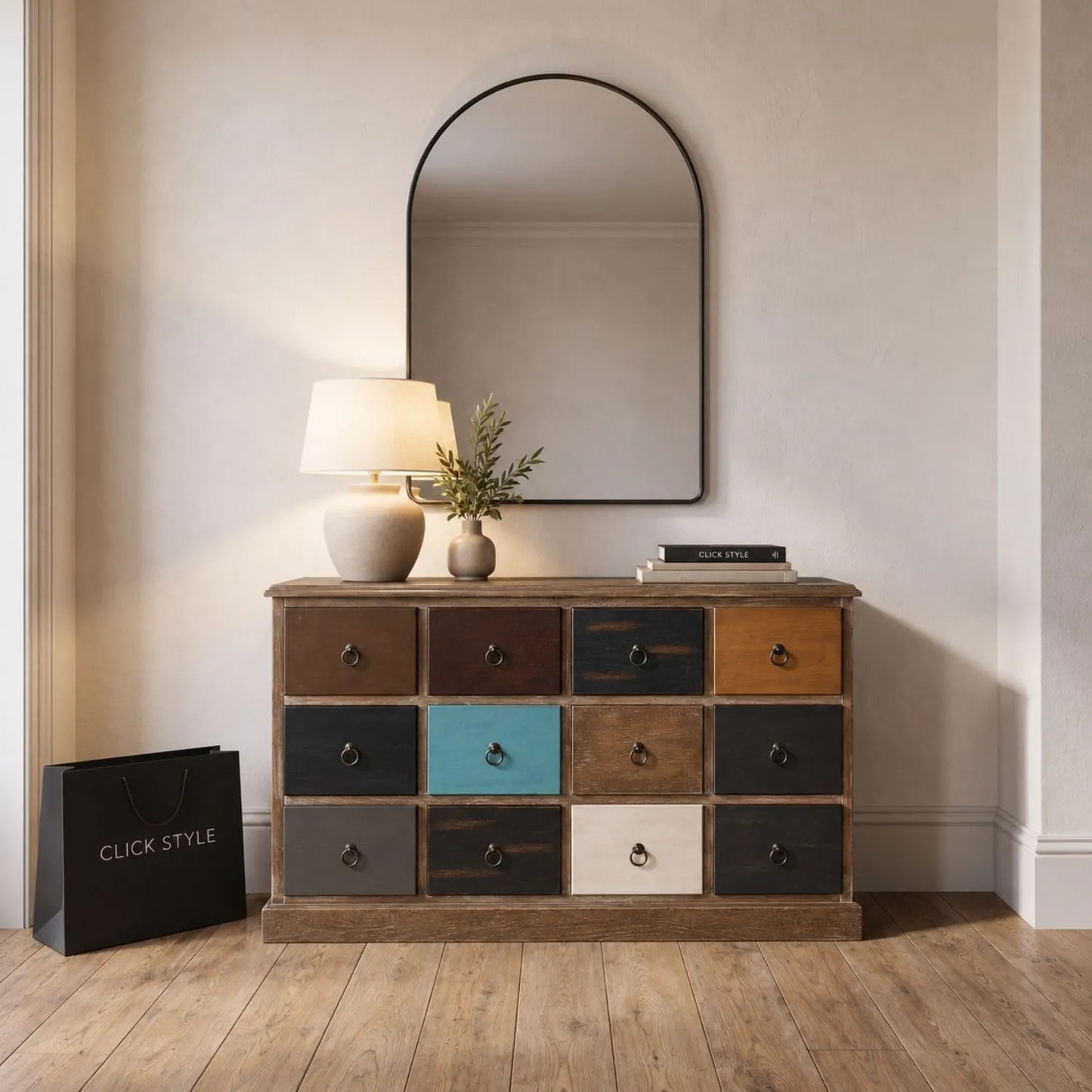 Turquoise Blue & Neutral Pine Wood 12 Drawer Storage Chest with Black Ring Handles styled beneath an arched mirror | Click Style