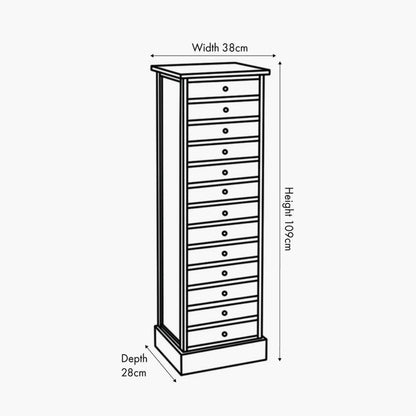 Turquoise blue and neutral distressed pine wood 13 drawer tallboy chest front and side dimension drawing angled facing right | Click Style
