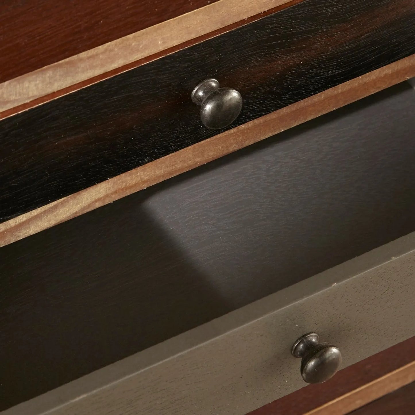 Turquoise blue and neutral distressed pine wood 13 drawer tallboy chest close-up of dark drawer fronts and black knob handles | Click Style