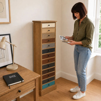 Turquoise Blue & Neutral Distressed Pine Wood 13 Drawer Tallboy Chest styled in a home office with woman | Click Style