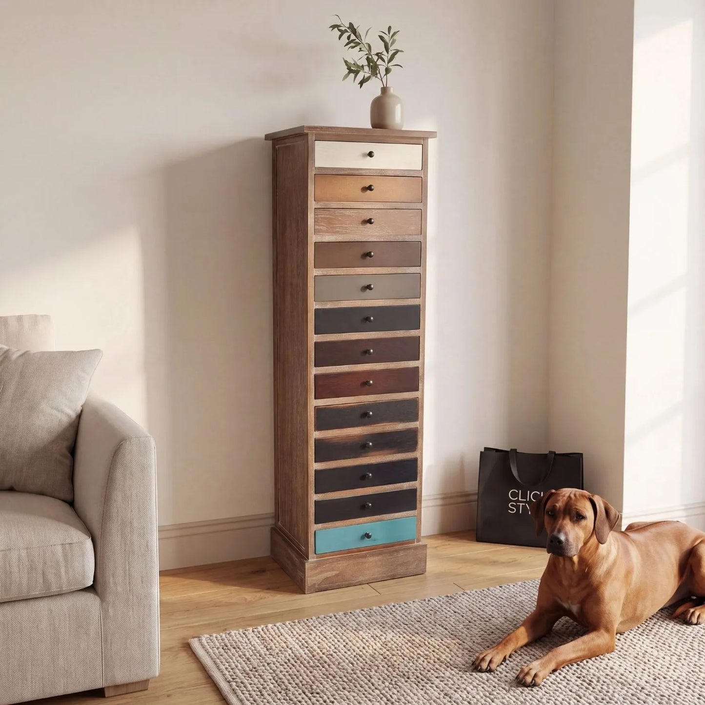 Turquoise Blue & Neutral Distressed Pine Wood 13 Drawer Tallboy Chest styled in a neutral living room with Brodie | Click Style