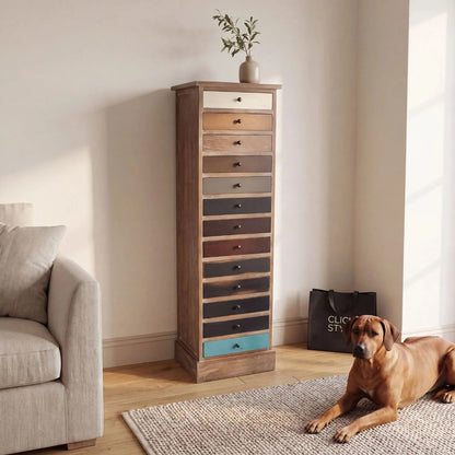 Turquoise Blue & Neutral Distressed Pine Wood 13 Drawer Tallboy Chest styled in a neutral living room with Brodie | Click Style