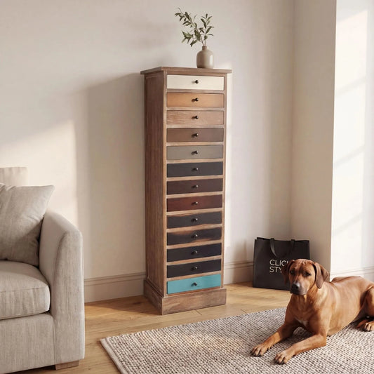 Turquoise Blue & Neutral Distressed Pine Wood 13 Drawer Tallboy Chest styled in a neutral living room with Brodie | Click Style