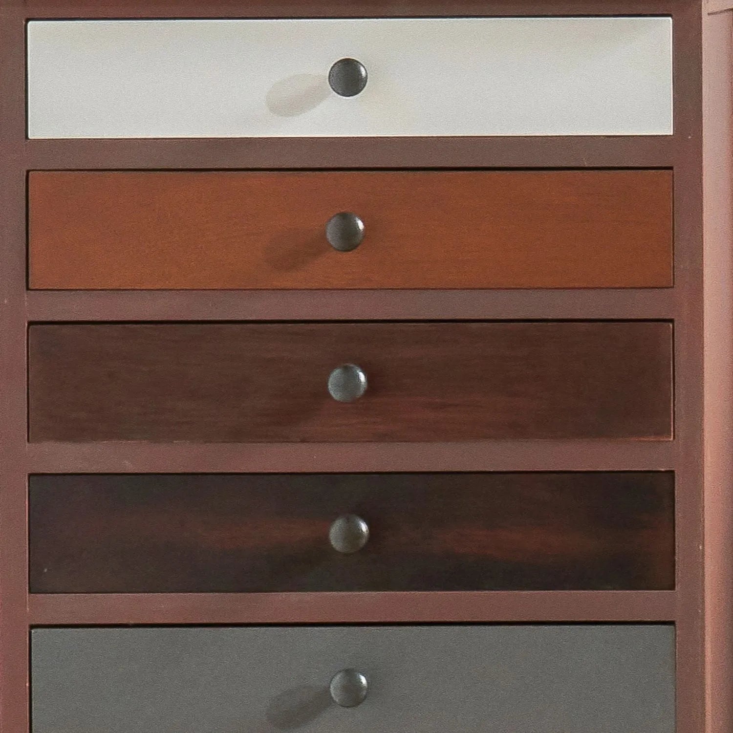 Turquoise blue and neutral distressed pine wood 13 drawer tallboy chest close-up of five upper drawers with black knob handles | Click Style