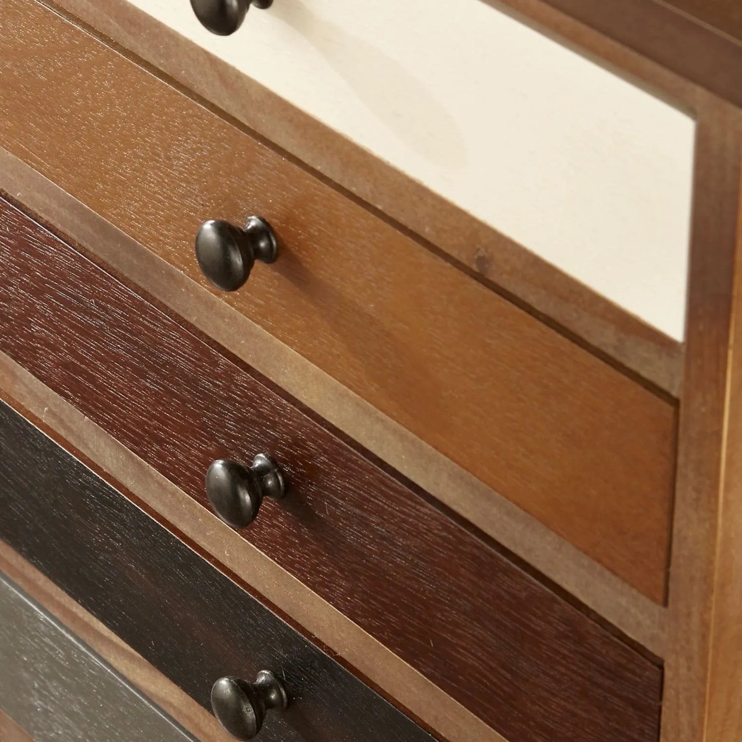 Turquoise blue and neutral distressed pine wood 13 drawer tallboy chest close-up of light and dark drawer fronts with black knob handles | Click Style