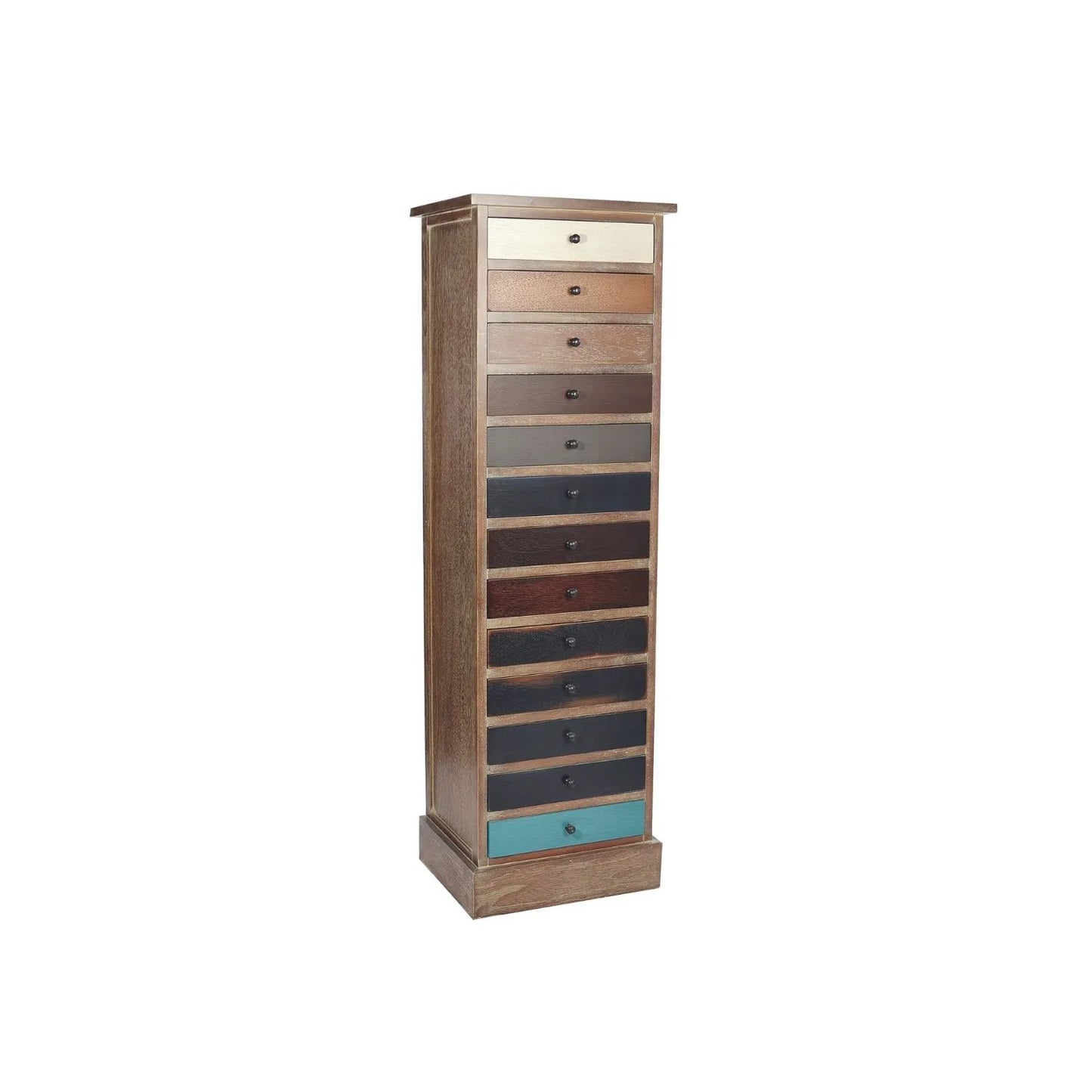 Turquoise blue and neutral distressed pine wood 13 drawer tallboy chest with black knob handles angled facing right | Click Style